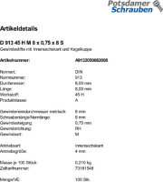 500 Inbus Feingewinde Gewindestifte DIN 913 45H M8x0,75x8