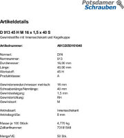 50 Inbus Feingewinde Gewindestifte DIN 913 45H M16x1,5x40