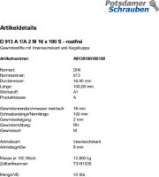 10 Edelstahl Inbus Gewindestifte DIN 913 A1 / A2 M16x100