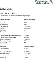 25 Edelstahl Inbus Gewindestifte DIN 913 A4 M12x40
