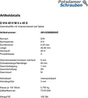 200 Inbus Gewindestifte DIN 914 45H schwarz M6x45