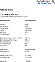 100 Inbus Gewindestifte DIN 914 45H schwarz M16x25