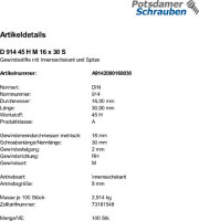 100 Inbus Gewindestifte DIN 914 45H schwarz M16x30