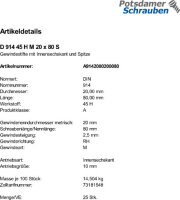 25 Inbus Gewindestifte DIN 914 45H schwarz M20x80