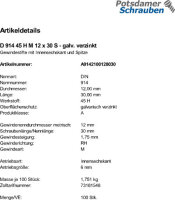 100 Inbus Gewindestifte DIN 914 45H verzinkt M12x30