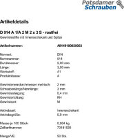 500 Edelstahl Inbus Gewindestifte DIN 914 A1 / A2 M2x3