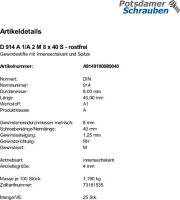 100 Edelstahl Inbus Gewindestifte DIN 914 A1 / A2 M8x40