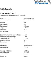500 Edelstahl Inbus Gewindestifte DIN 914 A4 M5x8
