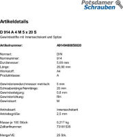 500 Edelstahl Inbus Gewindestifte DIN 914 A4 M5x20