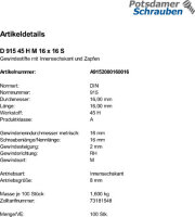 100 Inbus Gewindestifte DIN 915 45H Stahl M16x16