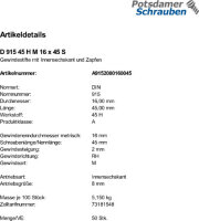 50 Inbus Gewindestifte DIN 915 45H Stahl M16x45