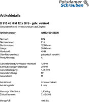 100 Inbus Gewindestifte DIN 915 45H verzinkt M12x30