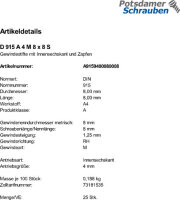 500 Edelstahl Inbus Gewindestifte DIN 915 A4 M8x8