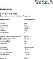 25 Inbus Gewindestifte DIN 916 45H Stahl M20x70