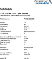 200 Inbus Gewindestifte DIN 916 45H verzinkt M6x50