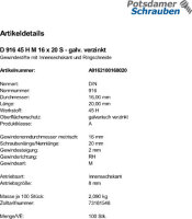 100 Inbus Gewindestifte DIN 916 45H verzinkt M16x20