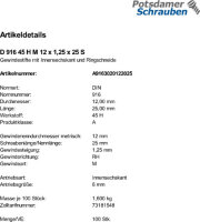 100 Inbus Feingewinde Gewindestifte DIN 916 45H Stahl M12x1,25x25