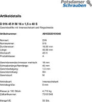 50 Inbus Feingewinde Gewindestifte DIN 916 45H Stahl M16x1,5x40