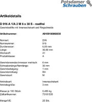 200 Edelstahl Inbus Gewindestifte DIN 916 A1 / A2 M6x30
