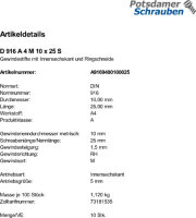 100 Edelstahl Inbus Gewindestifte DIN 916 A4 M10x25