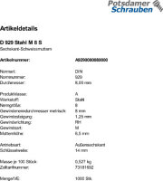 1000 Sechskant Anschweissmuttern DIN 929 Stahl M8