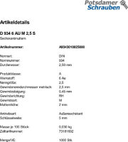 1000 Sechskantmuttern DIN 934 Kl. 6 AU M2,5