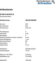 1000 Sechskantmuttern DIN 934 Kl. 6 AU M6