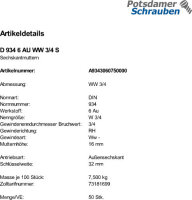 50 Zollgewinde Sechskantmuttern DIN 934 Kl. 6 AU WW 3/4