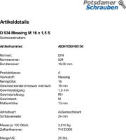25 Feingewinde Sechskantmuttern DIN 934 Messing M16x1,5