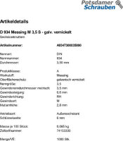 1000 Messing Sechskantmuttern DIN 934 vernickelt M3,5
