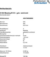 100 Messing Sechskantmuttern DIN 934 verchromt M8