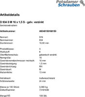100 Feingewinde Sechskantmuttern DIN 934 Kl. 8 verzinkt...