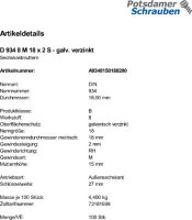 100 Feingewinde Sechskantmuttern DIN 934 Kl. 8 verzinkt...