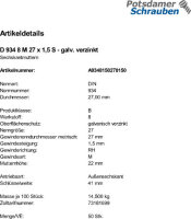 50 Feingewinde Sechskantmuttern DIN 934 Kl. 8 verzinkt...
