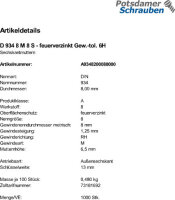 1000 Sechskantmuttern DIN 934 Kl. 8 feuerverzinkt M8