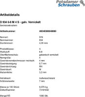1000 Sechskantmuttern DIN 934 vernickelt Kl. 6-8 M4