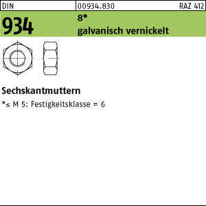 1000 Sechskantmuttern DIN 934 vernickelt Kl. 8 M6