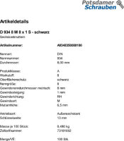 100 Feingewinde Sechskantmuttern  DIN 934 Kl. 8 schwarz M8x1