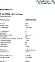 50 Feingewinde Sechskantmuttern  DIN 934 Kl. 8 schwarz M22x2