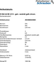 1000 Sechskantmuttern DIN 934 gelb verzinkt Kl. 6-8 M2,5