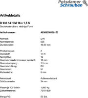 50 Sechskantmuttern DIN 936 14 H M16x1,5 Stahl