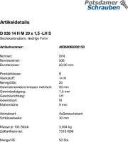 50 Sechskantmuttern DIN 936 14 H M20x1,5 -LH Stahl