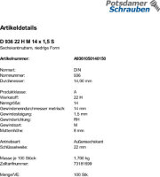 100 Sechskantmuttern DIN 936 22 H M14x1,5 Stahl