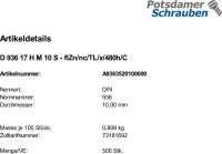 500 Sechskantmuttern DIN 936 17H M10...