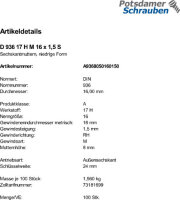 100 Sechskantmuttern DIN 936 17H M16x1,5 Stahl