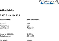 50 Kronenmuttern DIN 937 17H M16x1,5 Stahl