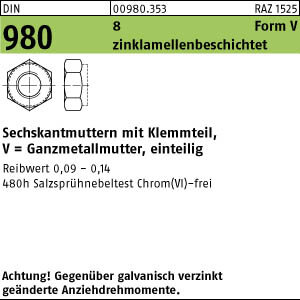 1000 Sechskantmuttern DIN 980 8 VM6 zinklamellenbeschichtet Stahl