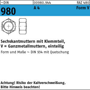 50 Sechskantmuttern DIN 980 A4 V M12 mit 3-Punkt-Quetschung V4A Edelstahl