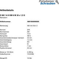 10 Nutmuttern DIN 981 14 H KM6 M30x1,5 Stahl