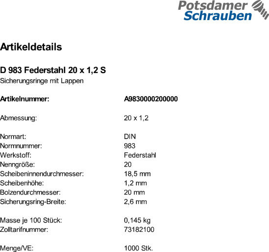 1000 Sicherungsringe DIN 983 Federstahl 20 x 1,2